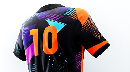 Colorful sports jersey with geometric patterns.