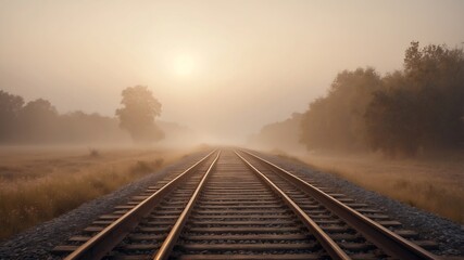 Obraz premium Misty Morning Railroad Tracks Leading into the Sunrise