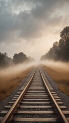 Fototapeta premium Misty Morning Railroad Tracks Leading to a Sunlit Horizon