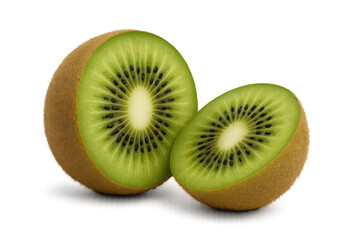 Fototapeta premium Halved kiwi revealing vibrant green interior, dark seeds, centered on translucent backdrop