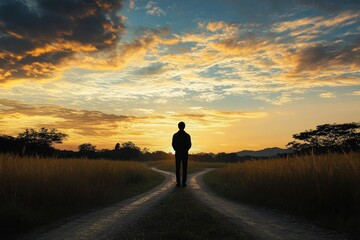 Silhouette person at crossroads at sunset