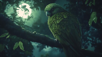 Lush green parrot perched on a branch at night.
