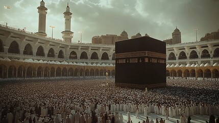 A vast gathering of pilgrims at a sacred mosque.