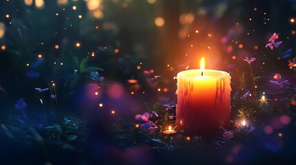 Illuminated candle surrounded by glowing wildflowers in a mystical forest scene.