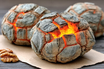 These unusual baked goods resemble cracked stones with fiery orange interiors, creating an otherworldly appearance that merges food and molten geology