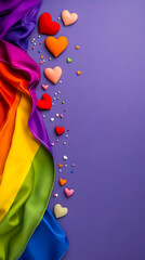 Pride flag and rainbow hearts on purple background
