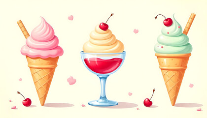A whimsical illustration of colorful ice cream treats with cherries, perfect for summer.