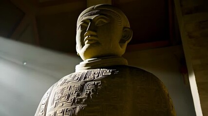 An ancient stone carving of a figure stands in a ray of sunlight, displaying patterned designs and cultural heritage.