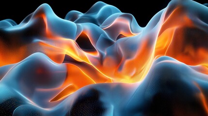 Obraz premium Abstract rendered three dimensional digital surface with vibrant orange and blue glowing background
