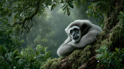 Obraz premium Majestic Javan gibbon resting on a branch in lush rainforest atmosphere