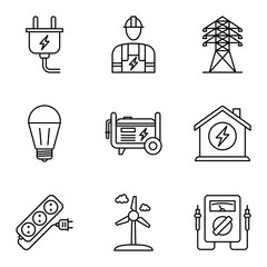 Line icon set of electricity infrastructure, tools, and renewable energy