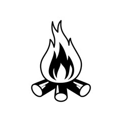 Campfire icon with burning logs in a black and white outline style.