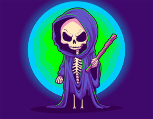 Cute Grim Reaper Cartoon Character. Grim reaper Halloween symbol design. Skeleton in Halloween day. Spooky and horror Element design for banner, poster, flyer. Flat Style Vector Illustration