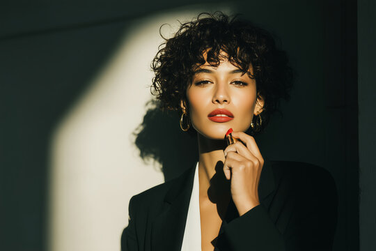 A Latina businesswoman with radiant natural curls poses gracefully, highlighting her bold red lips and stylish attire. Sunlight casts a soft glow, enhancing her confident demeanor.