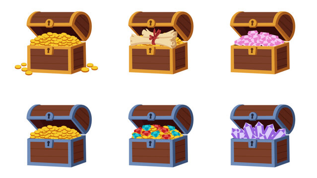Flat Vector Illustration of Various Treasure Chests Filled with Gold, Gems, Scrolls, and Crystals