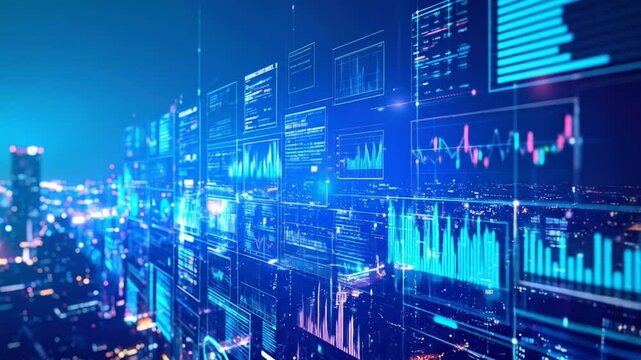 Futuristic city at night with data visualization overlays and digital network connection - Powered by Adobe