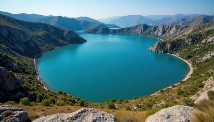 Irregular shaped lake with meandering shoreline, rocky edges, vegetation, environment