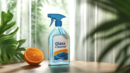 A spray bottle of glass cleaner sits beside a slice of orange on a wooden surface.