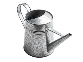 Galvanised metal watering can, isolated on transparen background, soft even lighting, light top to front perspective, studio photography style, no branding, text or logos.