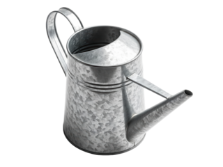 Galvanised metal watering can, isolated on transparen background, soft even lighting, light top to front perspective, studio photography style, no branding, text or logos.