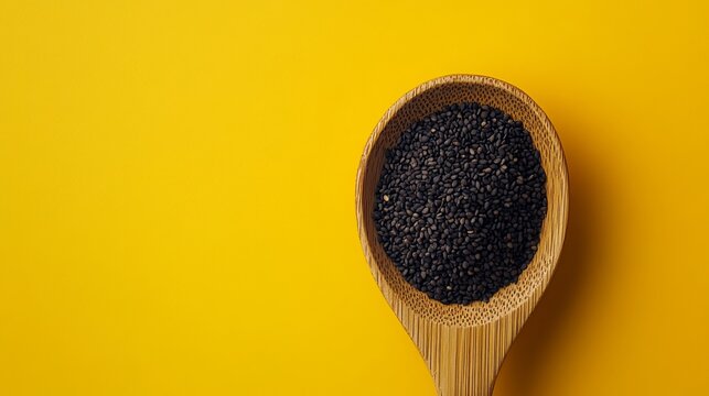 Black sesame seeds in a wooden spoon, photographed close-up against a yellow background.  A rich source of healthy fats, fiber, protein, vitamins, and minerals, supporting hormone balance.
 