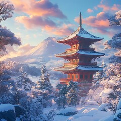 Snowy winter scene with a traditional Japanese pagoda.