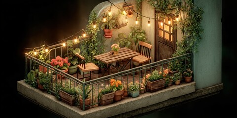 Fototapeta premium 3D cute cartoon balcony garden with string lights and an array of tiny flower pots, cozy outdoor space with wooden table and chairs surrounded by lush greenery