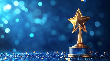 Gold star award trophy on a blue glitter surface.