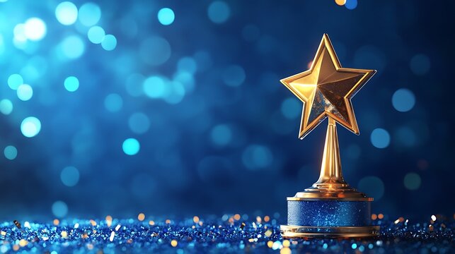 Gold star award trophy on a blue glitter surface.