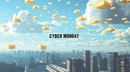 Floating blocks fill the sky above a cityscape on Cyber Monday.