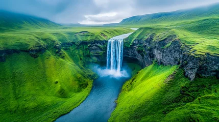 Gardinen Green valley and waterfall in Iceland nature landscape © gen_pick