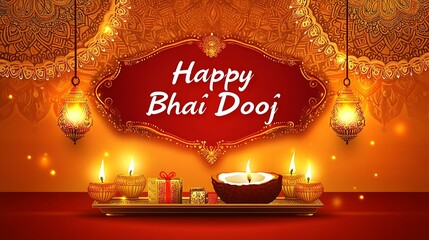 Happy Bhai Dooj greeting card with decorative elements.