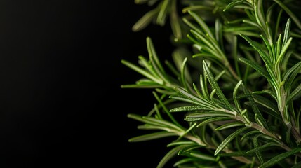 Fototapeta premium Organic rosemary oil and fresh leaves offer natural remedies. Ideal for hair and skin, and stress relief. The image shows the oil on a black background, leaving ample space for text. 