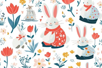 bunnies in Dutch clogs and tulip hats, surrounded by windmills and flowers, vector seamless pattern