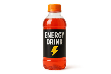 Refreshing orange energy drink in a clear plastic bottle with black label and orange cap, isolated on transparent background