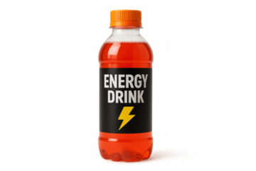 Refreshing orange energy drink in a clear plastic bottle with black label and orange cap, isolated on transparent background