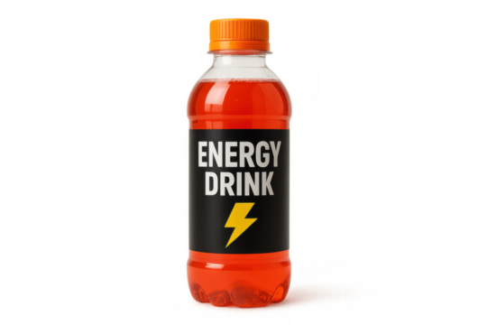 Refreshing orange energy drink in a clear plastic bottle with black label and orange cap, isolated on transparent background