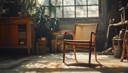 Vintage wooden chair bathed in sunlight within a rustic, atmospheric interior