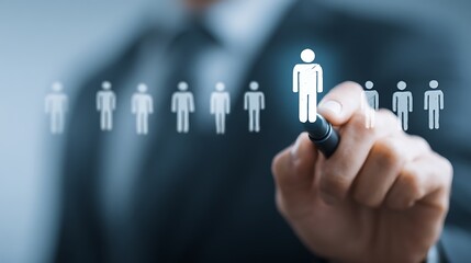 Human resources manager using stylus choose the right candidate recruitment process,Hiring,Team building strategy,Corporate recruitment process with CRM tools and Digital innovation in human resources