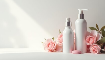 Elegant cosmetic bottles, pristine white backdrop, object, product photography