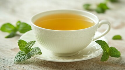Soothing lemon balm tea, shown close-up with fresh leaves, offers natural relief from sleeplessness, digestive issues, anxiety, and stress.  This image embodies naturopathy and holistic medicine.
 