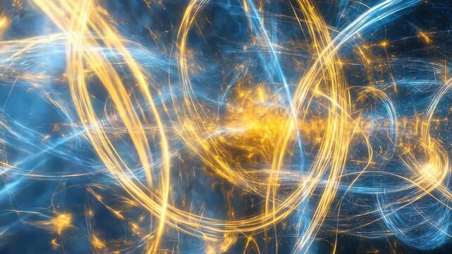 abstract quantum waves and particle physics background with glowing energy fields, subatomic particles in motion, deep blue and golden light trails, scientific visualization with cosmic aesthetics