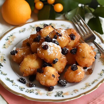 Italian Frittelle di Carnevale sweet fried dough balls raisins and citrus offering carbs and vitamins for energy and festive enjoyment