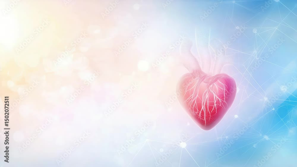 Poster abstract medical background with soft human touch, glowing heart pulse line merging into digital hea
