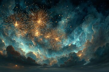 Spectacular Fireworks Display Illuminating a Starry Night Sky with Dramatic Clouds
