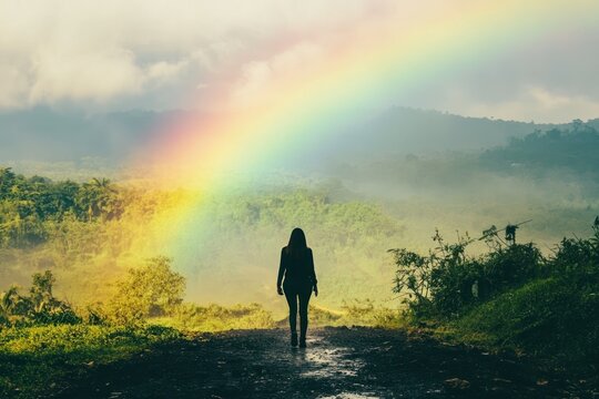 Woman walking path rainbow mountains - Powered by Adobe