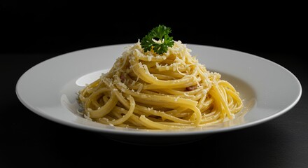 Spaghetti Carbonara with Cheese and Parsley on White Plate