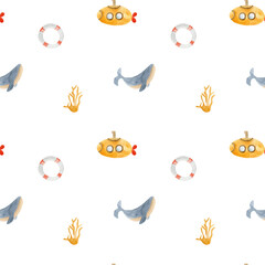 Watercolor Ocean Seamless Pattern with Cute Sea Animals, Submarine, Corals and Shells – Marine Kids Background., Underwater Watercolor Illustrations, Nursery Sea Fabric design.  