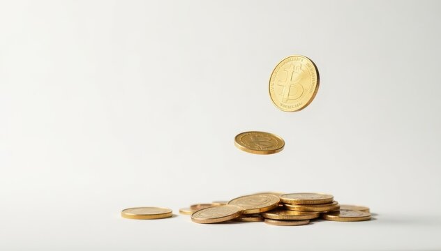 A single coin flips in mid-air, isolated on white , aerial, metallic