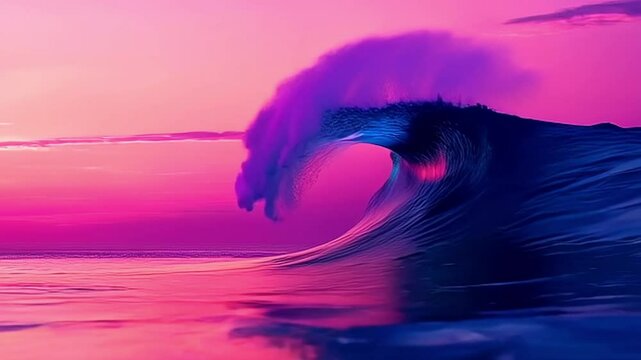 ig wave breaking with pink and purple sunset hues reflecting on water